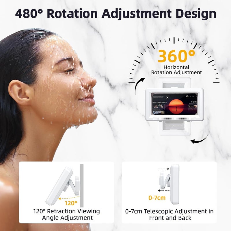 Geyrut Shower Phone Holder Waterproof, Phone Holder for Shower with Touch Screen 360° Rotatable Retractable 60° Opening Angle Wall Mounted Waterproof Phone Case - Image 3
